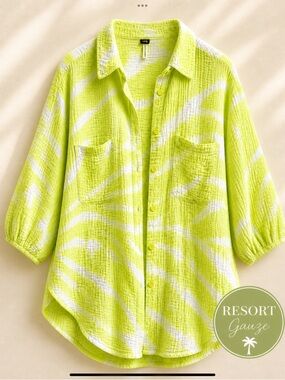 YFB Lime Green Cotton Gauze Resort Cover-Up Shirt Oversized Beach Top